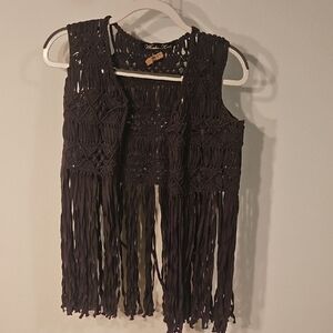 Winter Kate Black Gray Macramé Fringe Vest Sz M